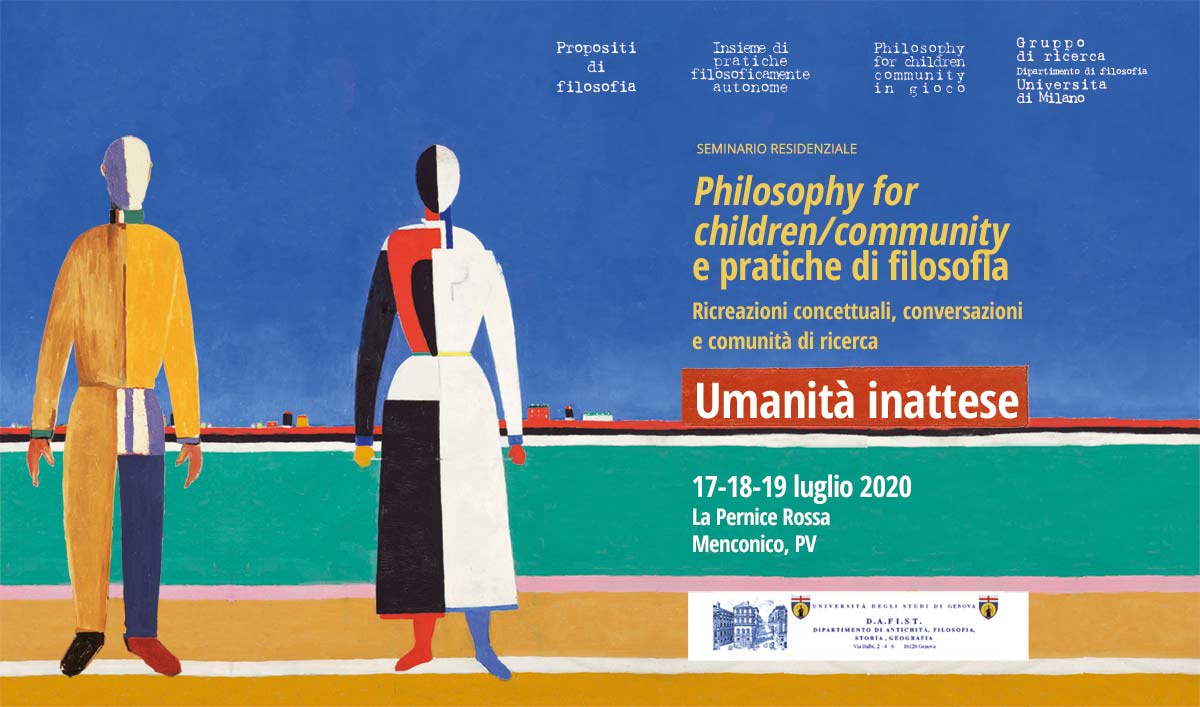 Locandina seminario Philosophy for children/community e pratiche di filosofia, Umanità inattese. Come sfondo un dipinto di Malevich
